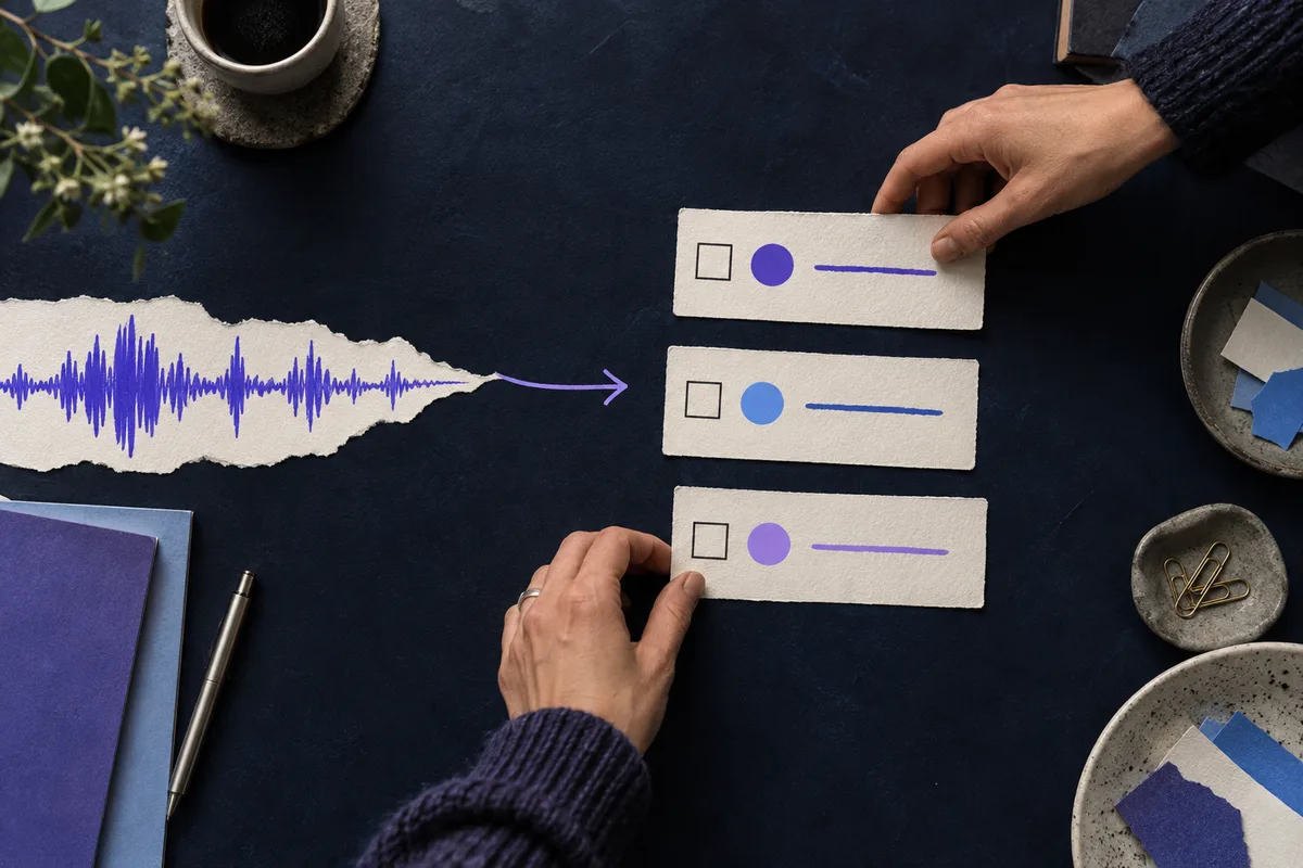 Una onda de audio se transforma en tres tarjetas de compromisos con responsables